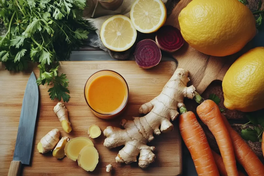 Fresh ingredients for beet, ginger, and turmeric juice