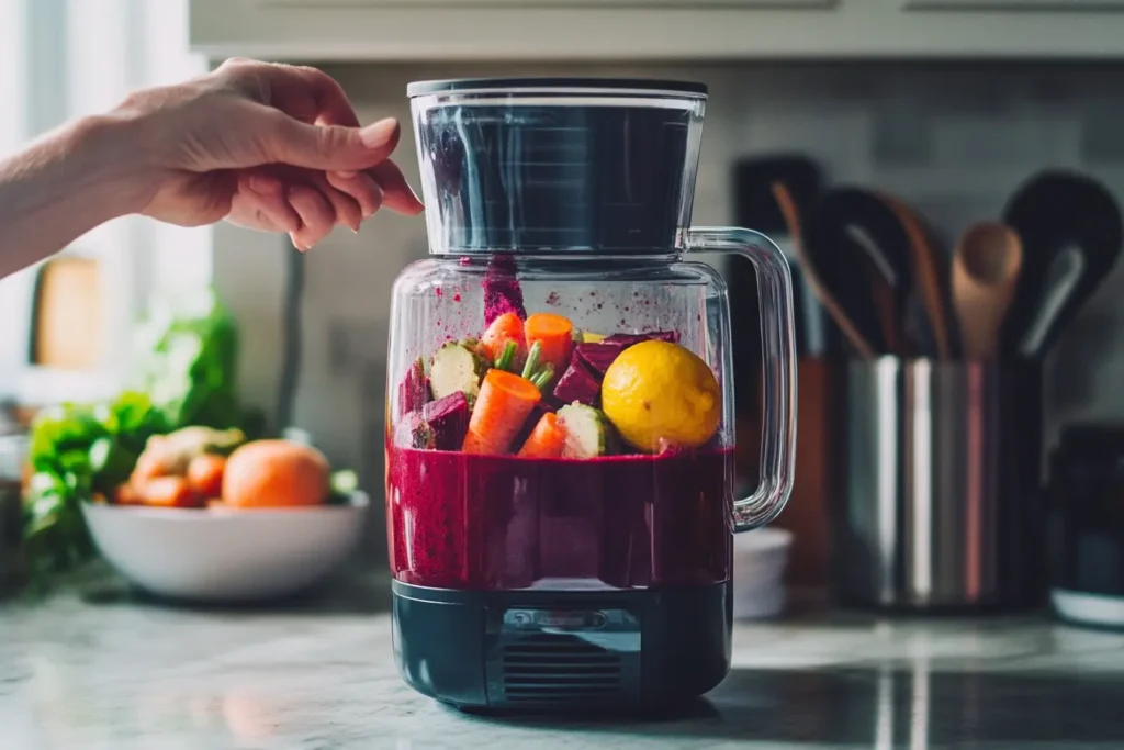Step-by-step preparation of beet, ginger, and turmeric juice