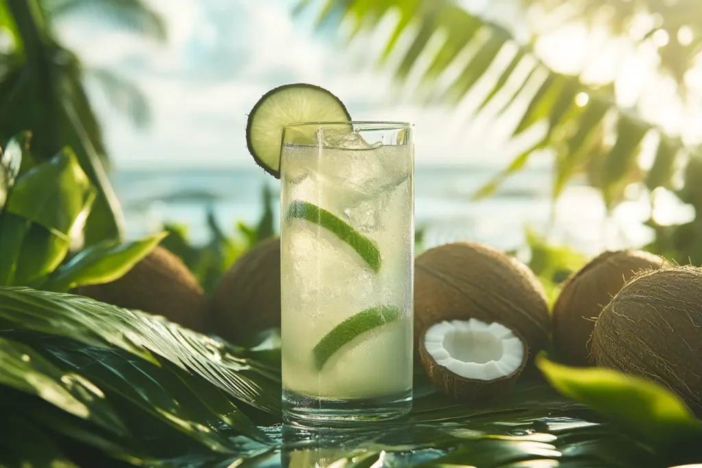 Coconut water electrolyte drink in a glass with fresh coconuts