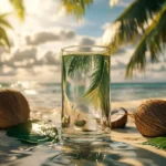 Coconut water electrolyte drink in a glass with fresh coconuts