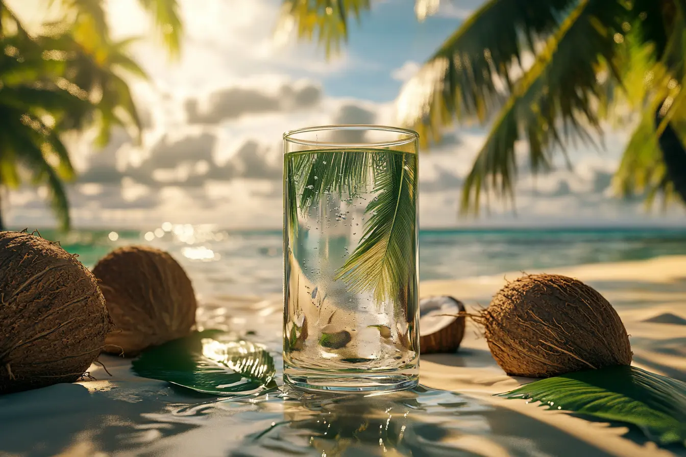 Coconut water electrolyte drink in a glass with fresh coconuts