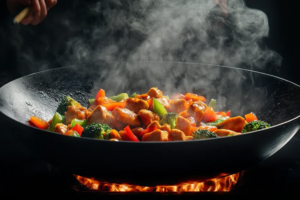 A chef stir-frying diced chicken with vibrant vegetables like broccoli and red bell peppers in a hot wok, steam rising in soft, natural light.
