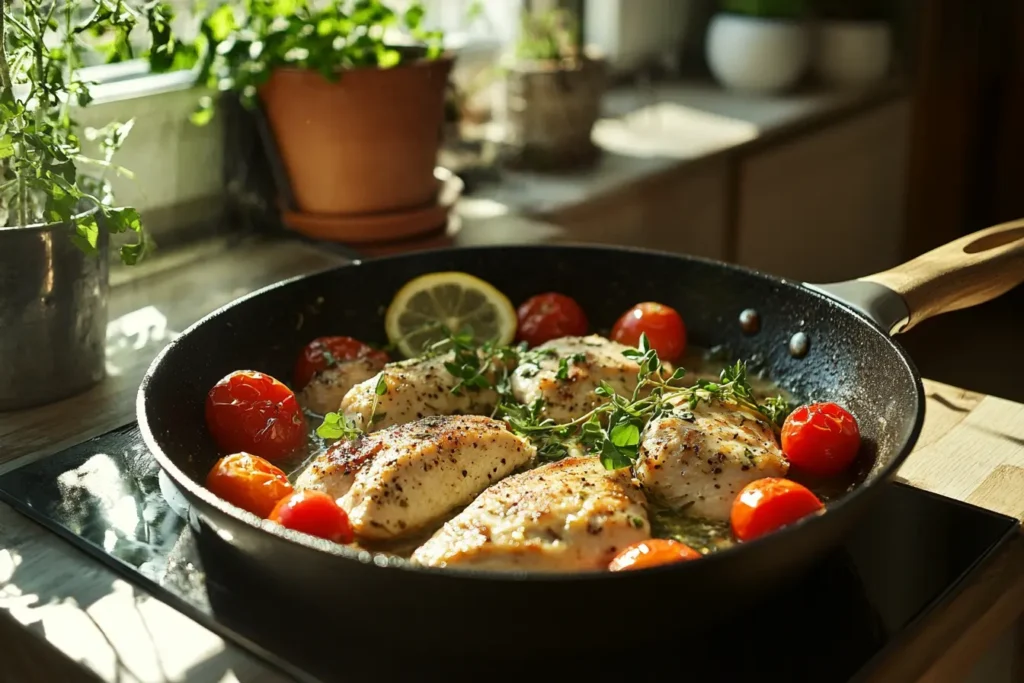 A rustic skillet filled with Mediterranean-style lemon herb diced chicken, cherry tomatoes, and fresh herbs, set in a sunlit kitchen.
