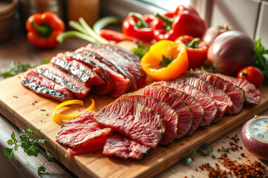 A vibrant kitchen scene featuring fresh, thinly sliced beef strips on a wooden cutting board, surrounded by colorful vegetables like bell peppers and onions, with herbs and spices scattered around, natural light streaming in from a window, emphasizing the texture and marbling of the meat.