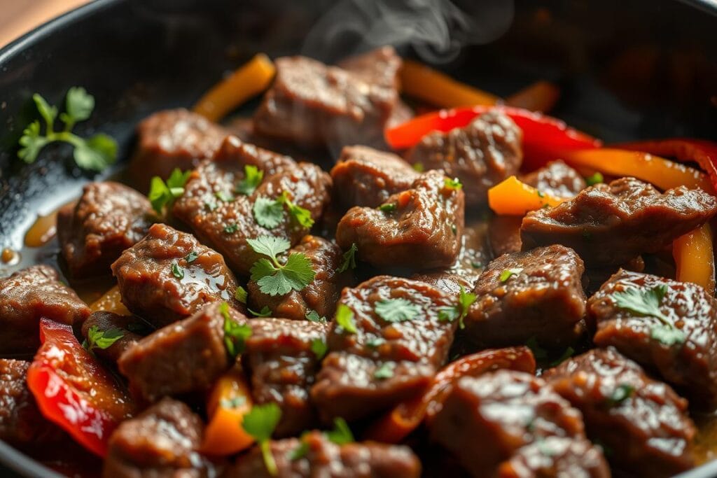 A close-up of perfectly cooked beef strips sizzling in a skillet, garnished with fresh herbs and colorful bell peppers, showcasing a vibrant stir-fry scene with steam rising, rich brown hues, and a hint of glossy sauce glistening on the meat.