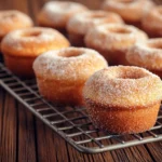 Freshly baked vegetarian cinnamon sugar donut muffins on a wire rack, dusted with cinnamon sugar and set on a rustic wooden table.