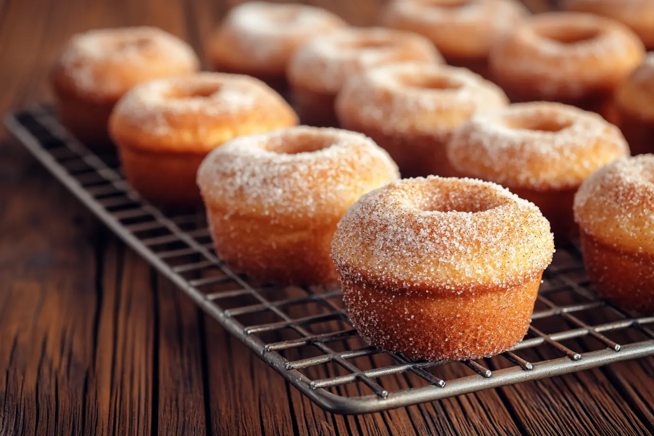 Freshly baked vegetarian cinnamon sugar donut muffins on a wire rack, dusted with cinnamon sugar and set on a rustic wooden table.