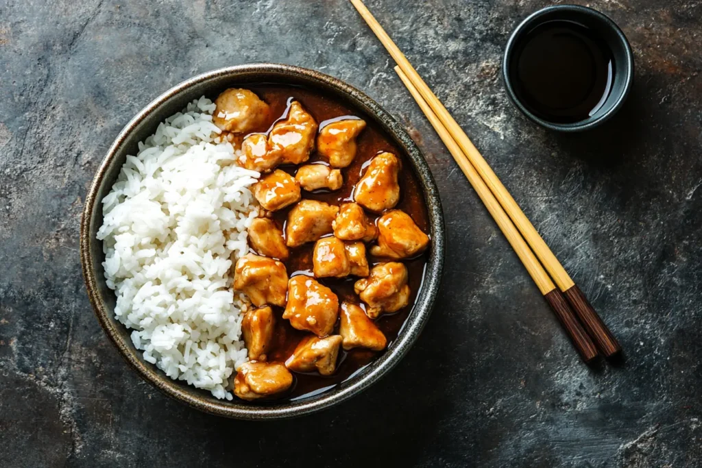 Chinese ginger chicken with rice in a brown sauce.