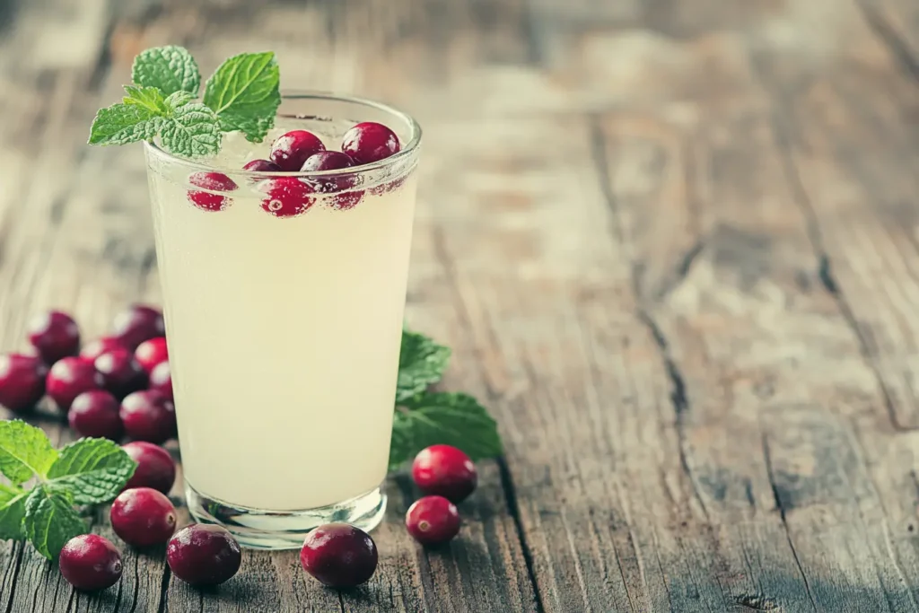 A glass of white cranberry juice on a wooden table with cranberries and mint leaves