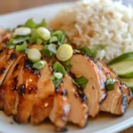 A plate of ginger chicken garnished with scallions and ginger slices.