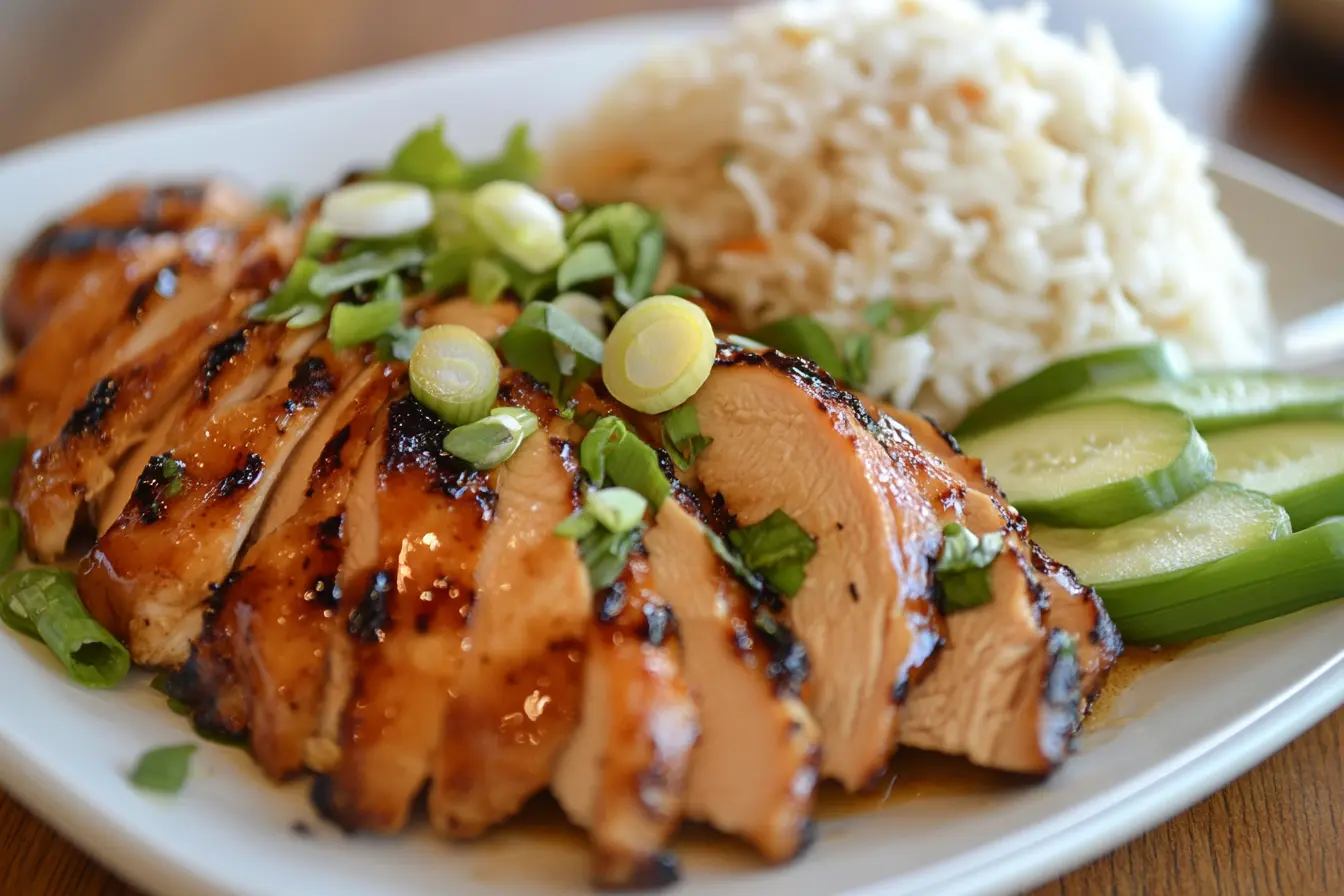 A plate of ginger chicken garnished with scallions and ginger slices.