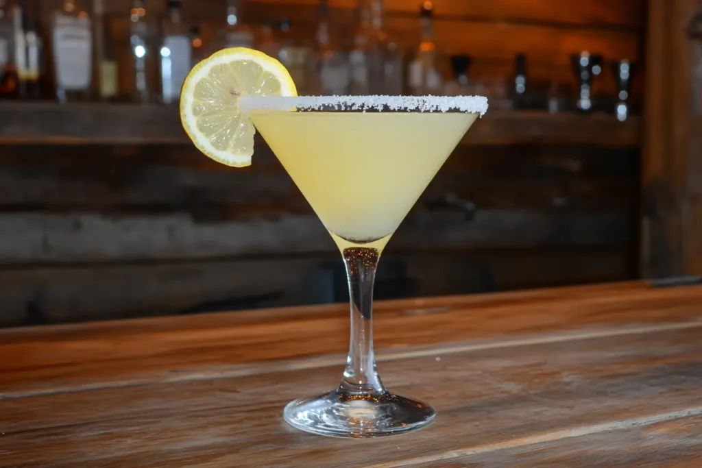 A vibrant lemon drop cocktail in a sugar-rimmed martini glass with a lemon slice garnish on the side, placed on a wooden bar counter.