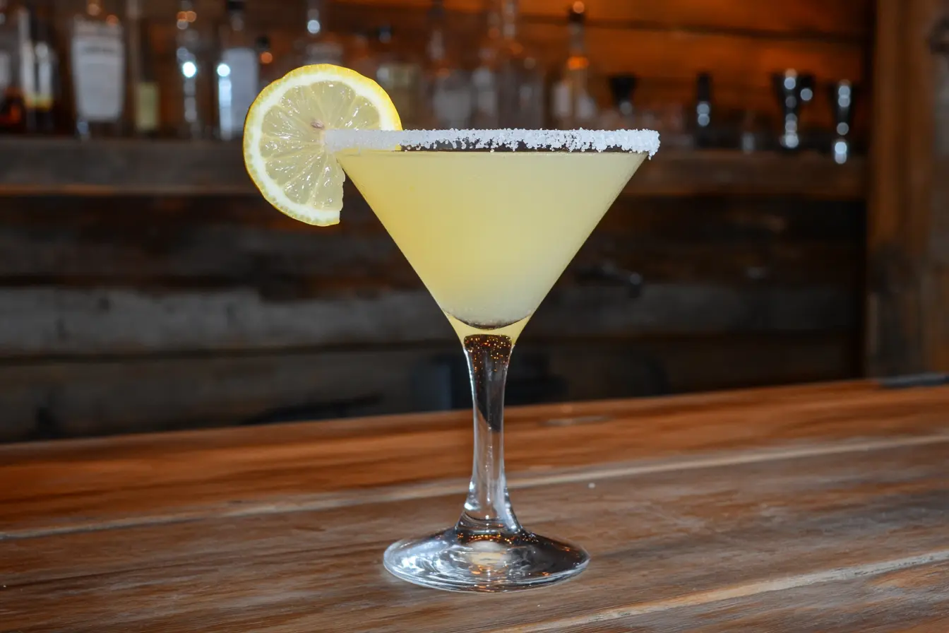 A vibrant lemon drop cocktail in a sugar-rimmed martini glass with a lemon slice garnish on the side, placed on a wooden bar counter.