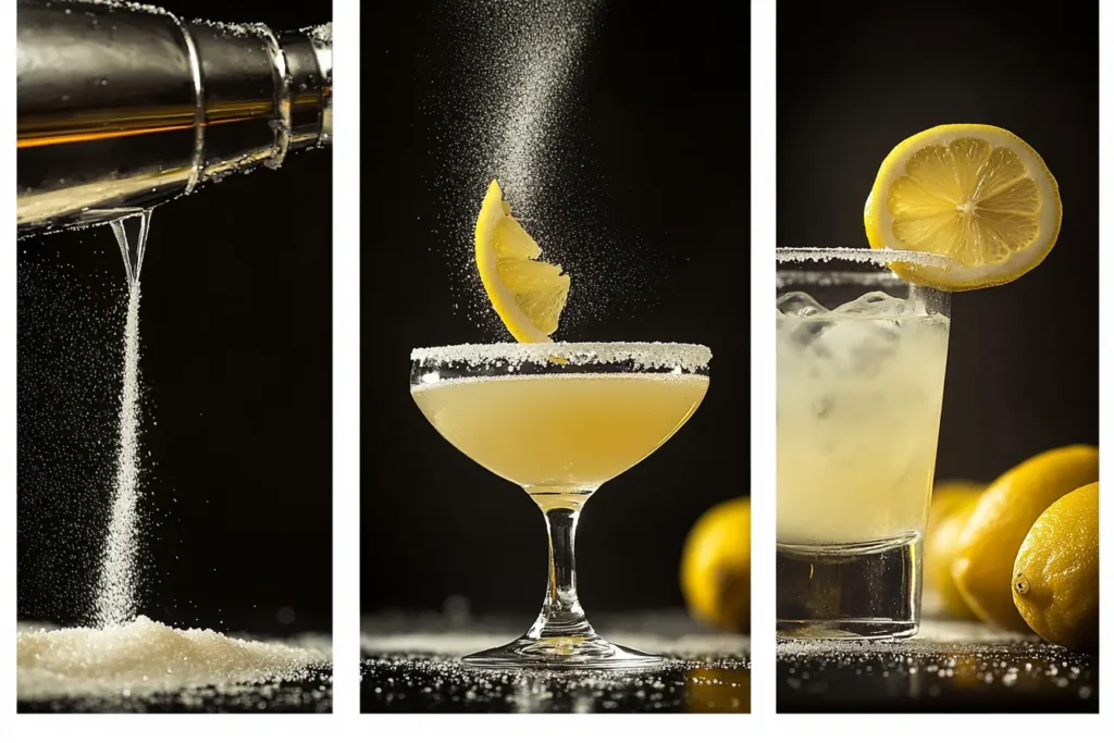 Step-by-step preparation process of a lemon drop drink: sugar-rimmed glass in progress with lemon wedge, cocktail shaker being shaken, and strained drink poured into the glass.