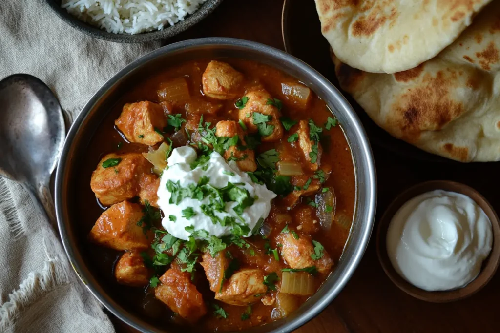 Indian ginger chicken with naan and yogurt.