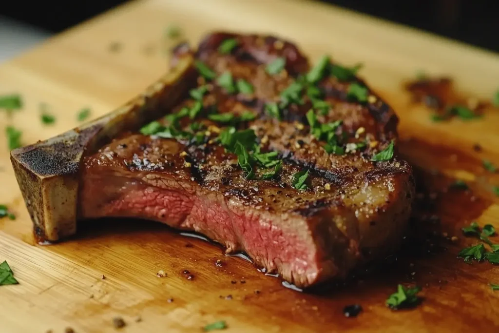 A perfectly grilled 3-inch tomahawk steak with a crispy crust, garnished with fresh herbs.