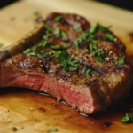 A perfectly grilled 3-inch tomahawk steak with a crispy crust, garnished with fresh herbs.