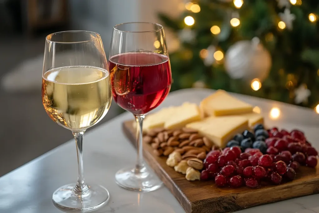 Nonalcoholic red and white wine glasses with a charcuterie board